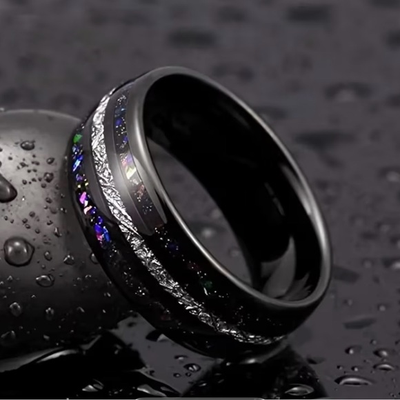 Black Gunmetal Plated Stainless Steel Ring Galaxy Sky Stars Inlay Silver Accent - Picture 6 of 16